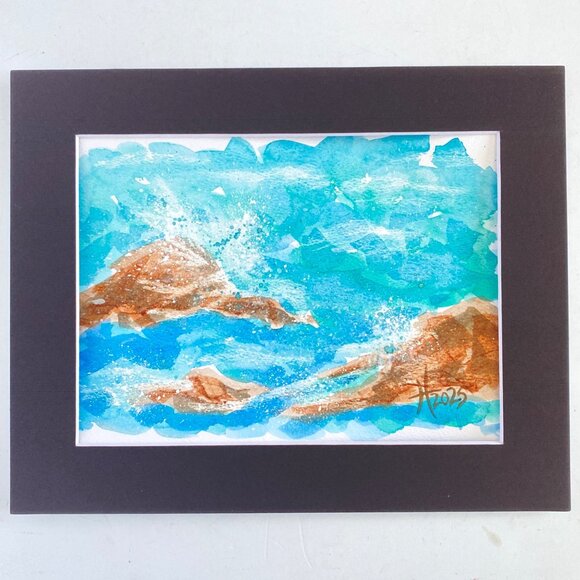 Beach Splash Original Seascape Watercolor Painting Matted Frame Ready 8x10in Mat - Picture 2 of 6